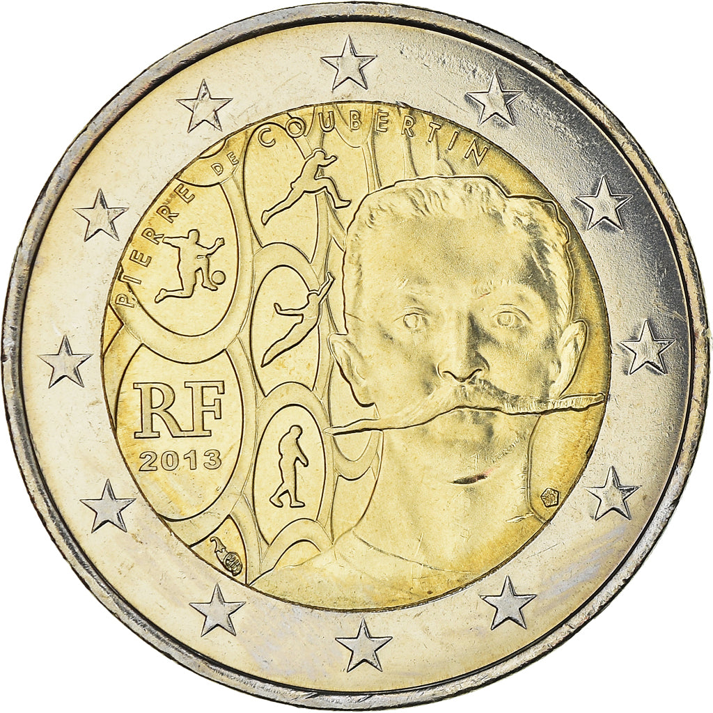 France, 2 Euro, Pierre de Coubertin, 2013, Paris, MS(63), Bi-Metallic