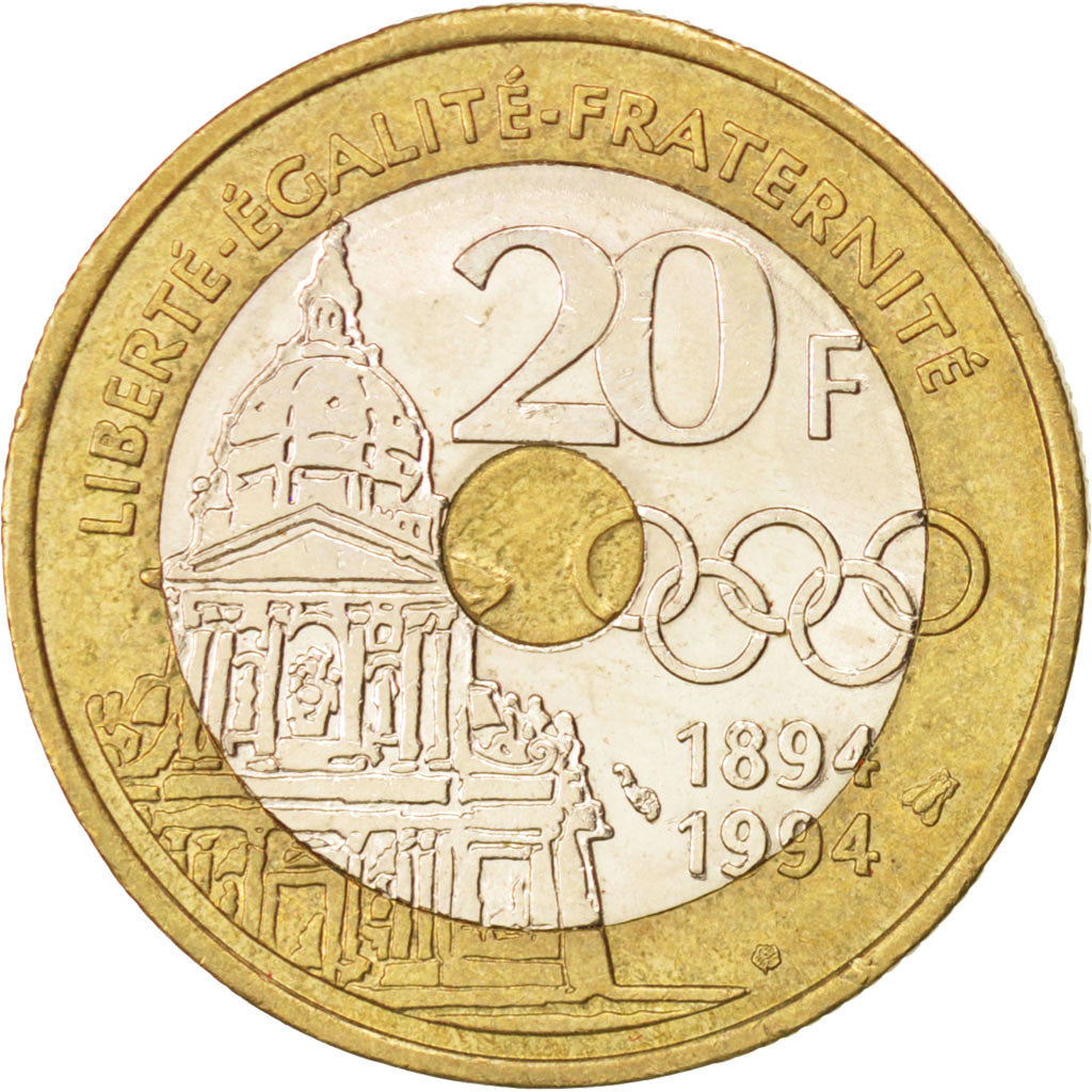 FRANCE, Pierre de Coubertin, 20 Francs, 1994, KM #1036, AU(55-58),...