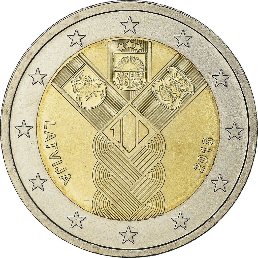 Latvia, 2 Euro, 100 ans des pays baltes, 2018, MS(63), Bi-Metallic