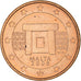 Malta, Euro Cent, 2008, MS(63), Aço Cromado a Cobre, KM:New