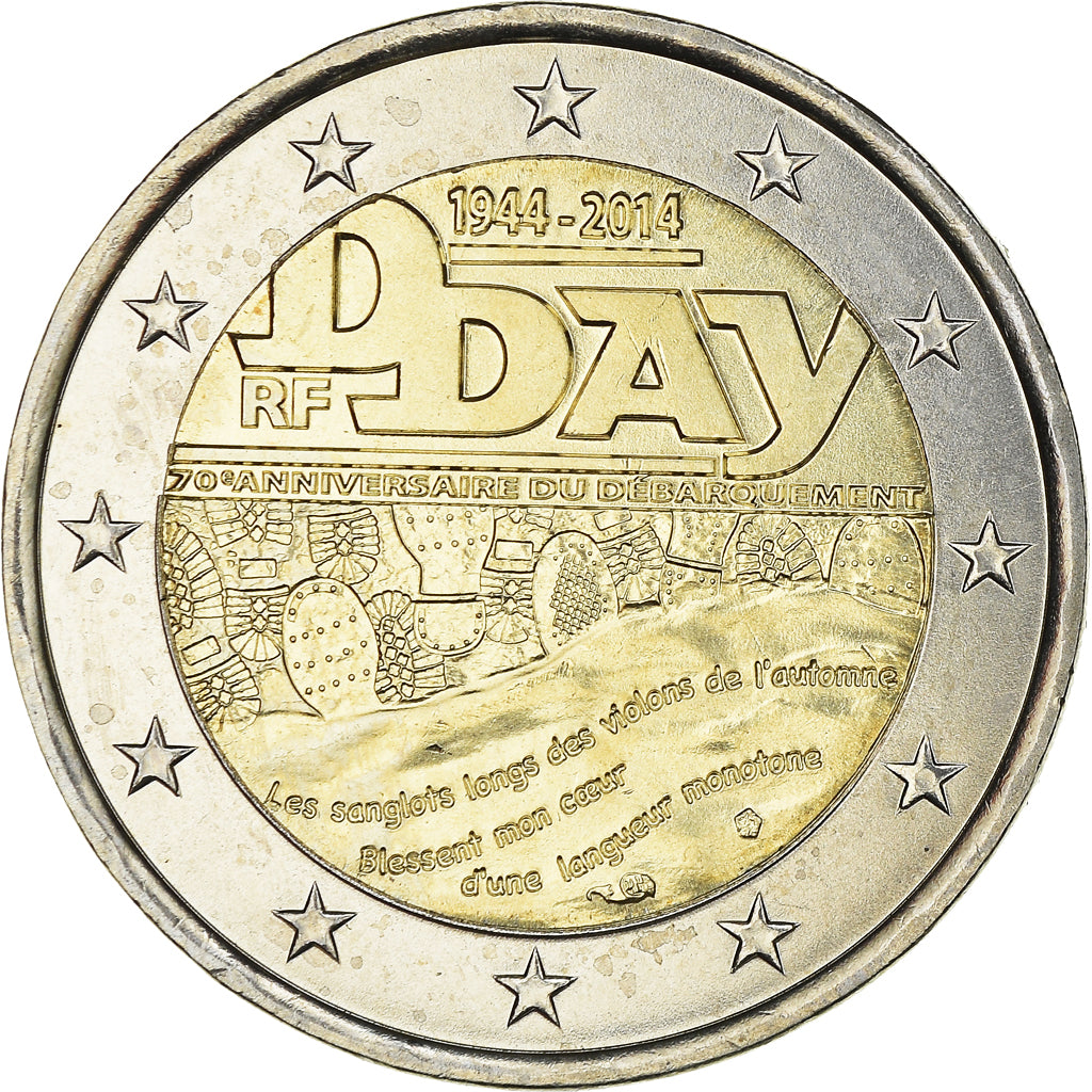 France, 2 Euro, D-Day, 2014, MS(63), Bi-Metallic