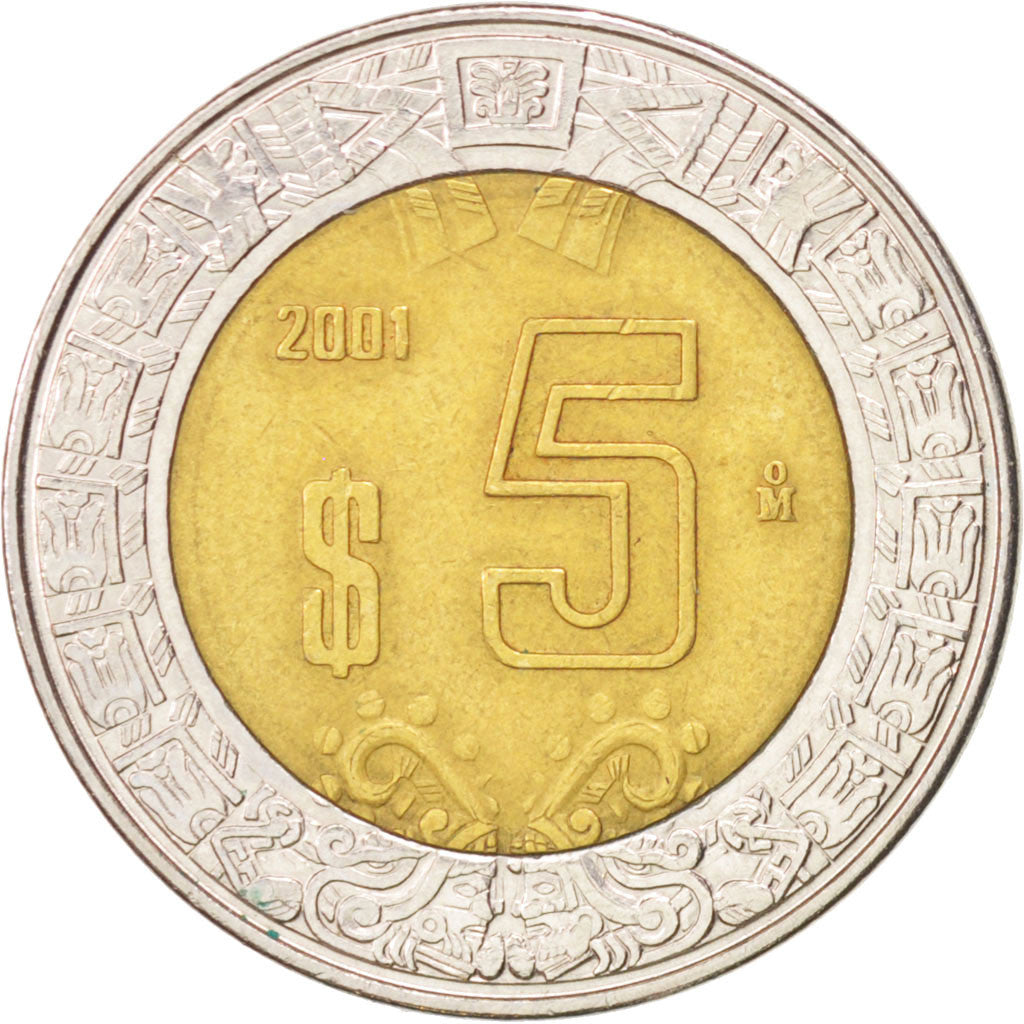 MEXICO, 5 Pesos, 2001, Mexico City, KM #605, AU(55-58), Bi-Metallic, 25.5, 7.17
