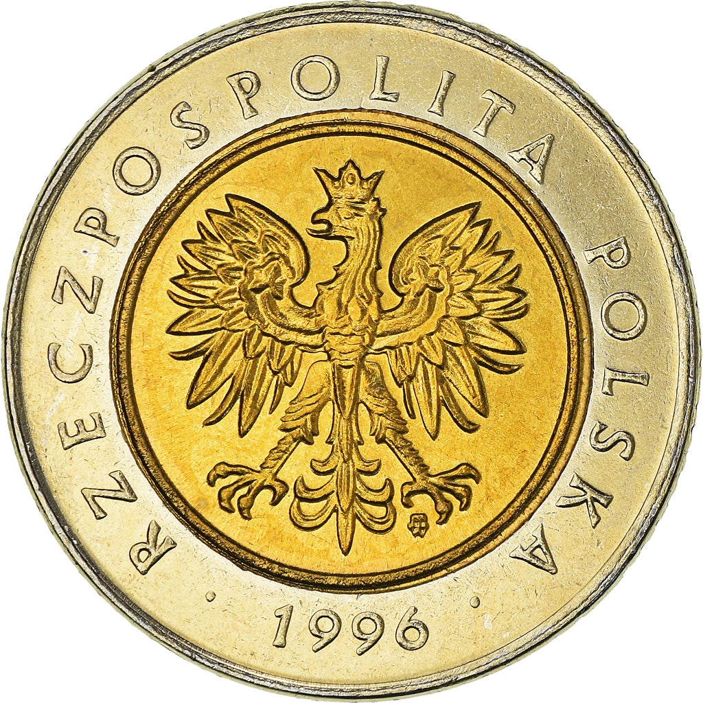Moneda, Polonia, 5 Zlotych, 1996, Warsaw, SC, Bimetálico, KM:284