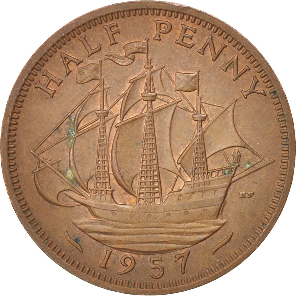 GREAT BRITAIN, 1/2 Penny, 1957, KM #896, AU(55-58), Bronze, 25.44, 5.57