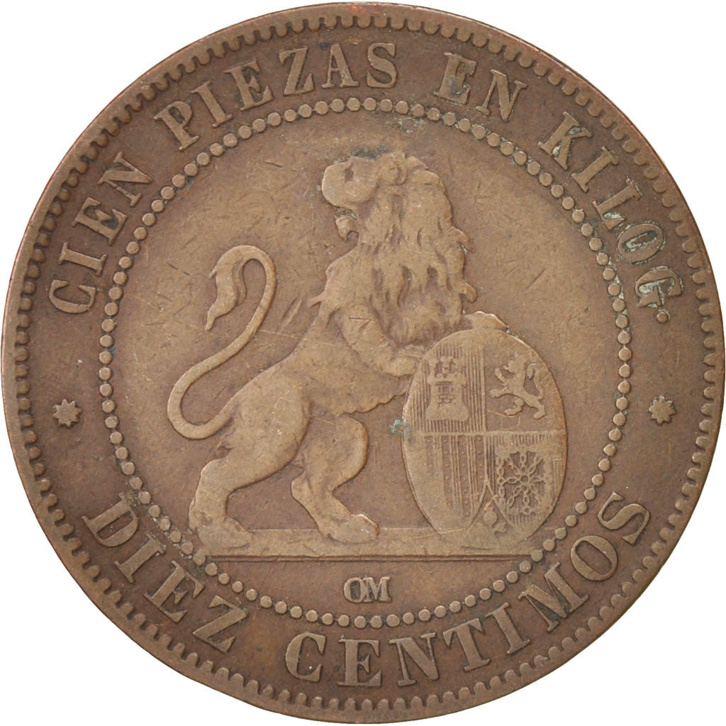 SPAIN, 10 Centimos, 1870, KM #663, VF(20-25), Copper, 9.48