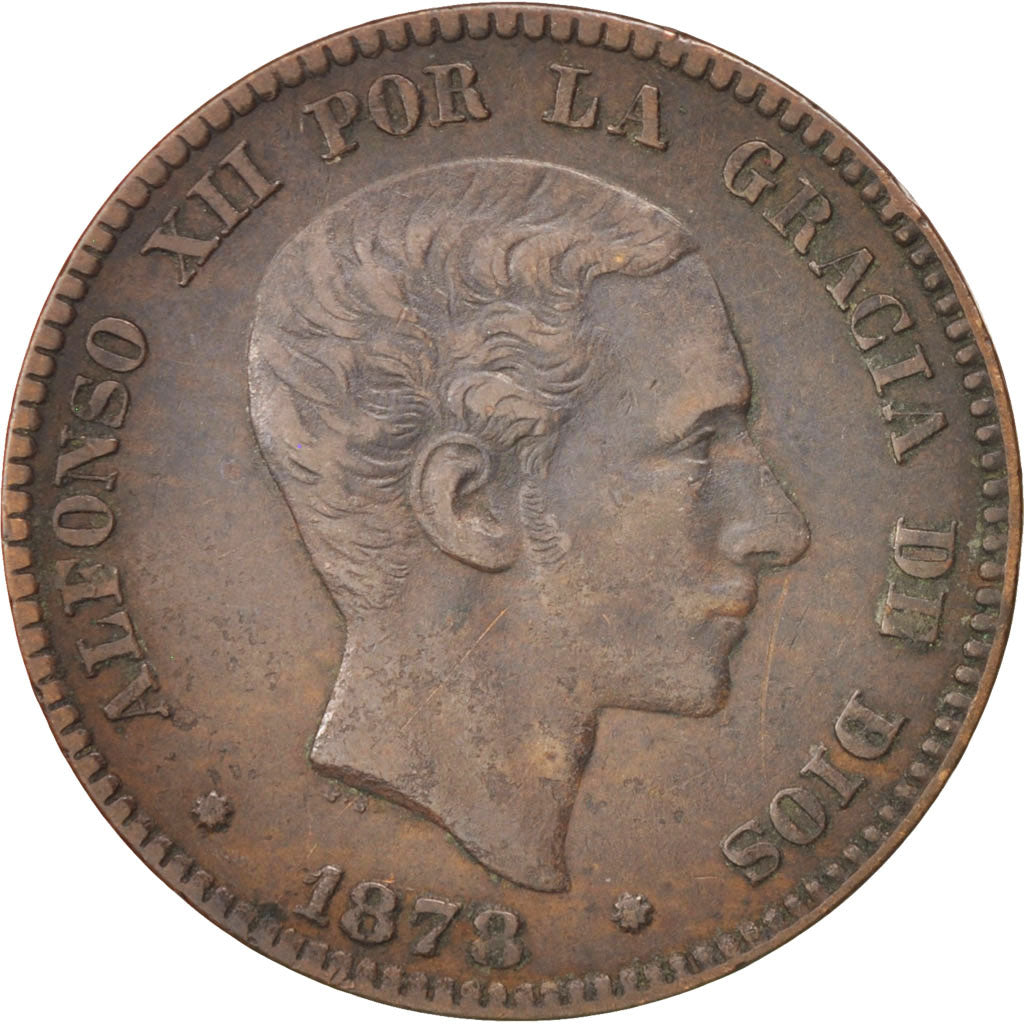 SPAIN, 10 Centimos, 1878, KM #675, EF(40-45), Bronze, 9.94