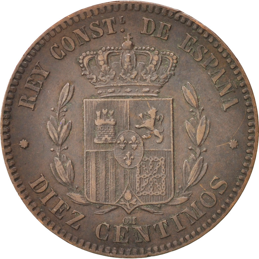 SPAIN, 10 Centimos, 1878, KM #675, EF(40-45), Bronze, 9.94