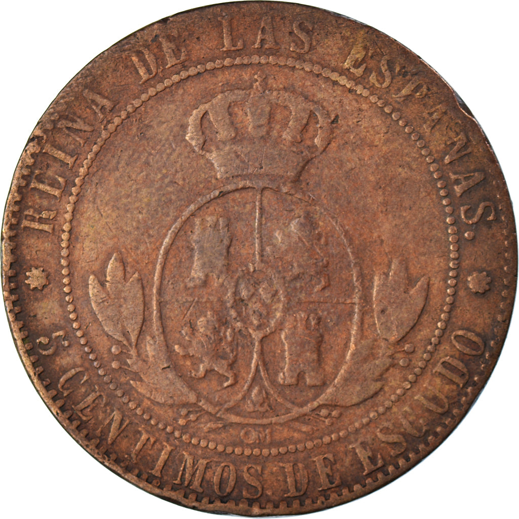 Moneda, España, Isabel II, 5 Centimos, 1868, Barcelona, BC, Cobre, KM:635.1