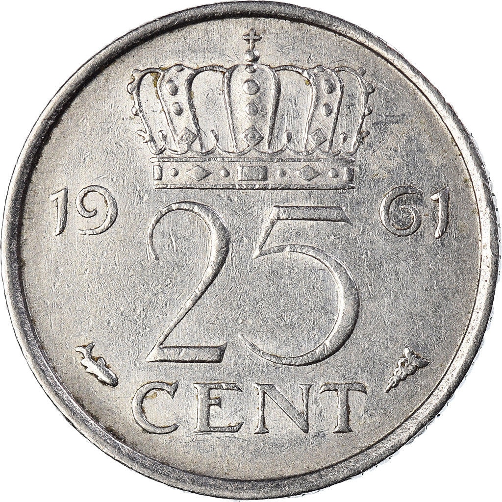 Munten, Nederland, Juliana, 25 Cents, 1961, ZF+, Nickel, KM:183