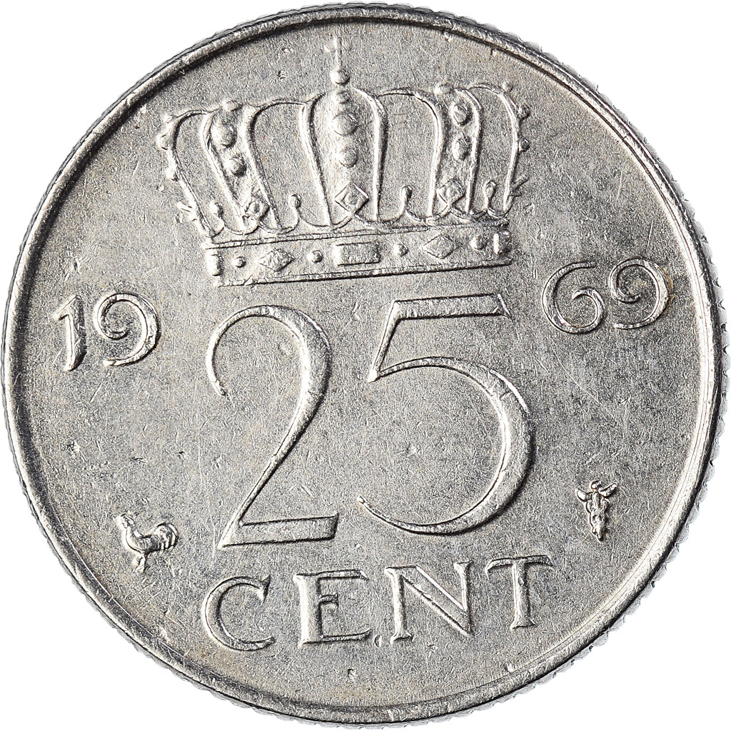 Coin, Netherlands, Juliana, 25 Cents, 1969, AU(50-53), Nickel, KM:183