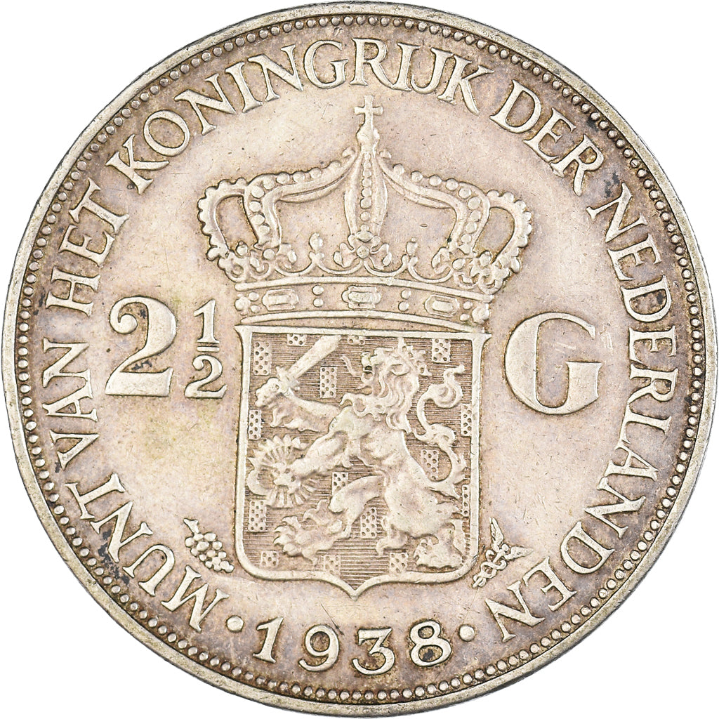 Coin, Netherlands, Wilhelmina I, 2-1/2 Gulden, 1938, AU(50-53), Silver, KM:165