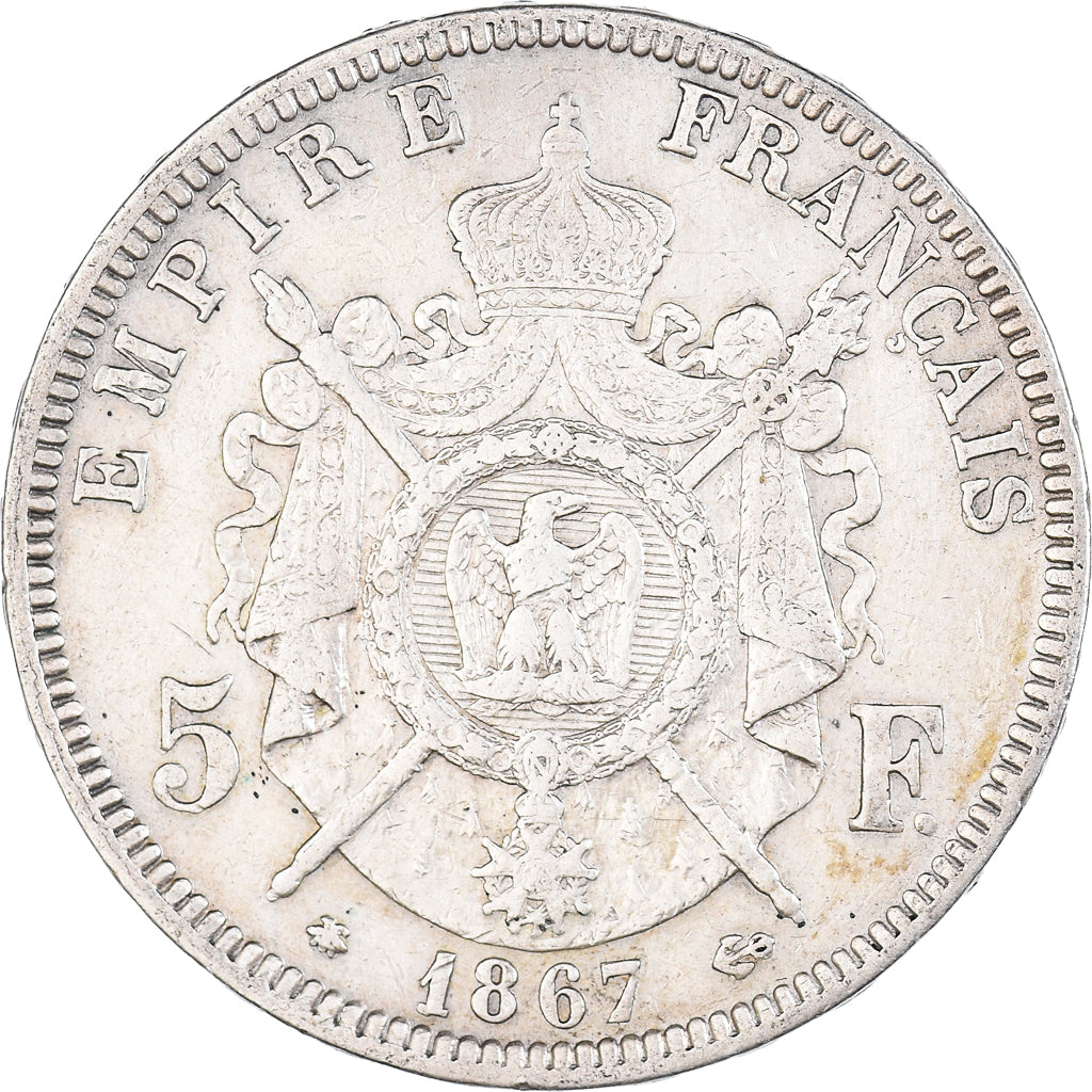 Münze, Frankreich, Napoleon III, 5 Francs, 1867, Paris, SS+, Silber, KM:799.1