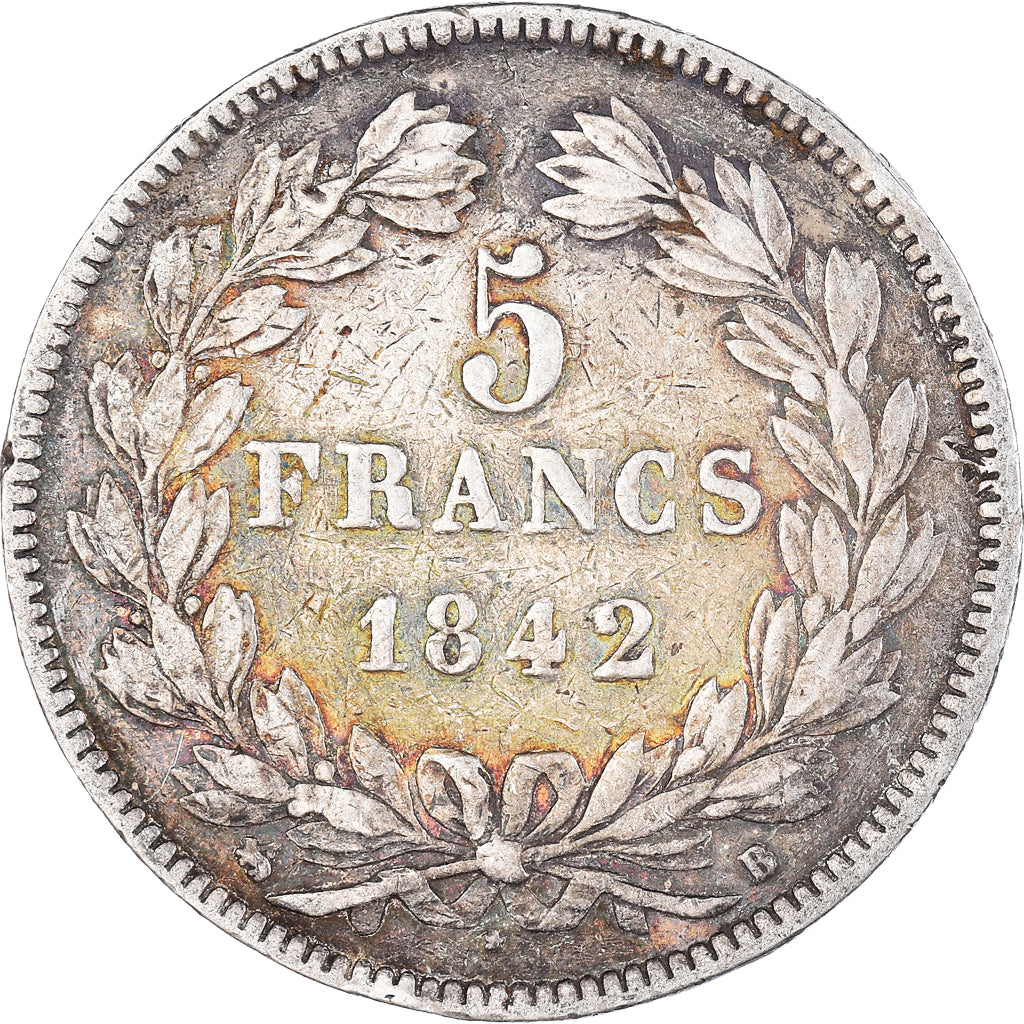 Moneda, Francia, Louis-Philippe, 5 Francs, 1842, Rouen, BC+, Plata, KM:749.2