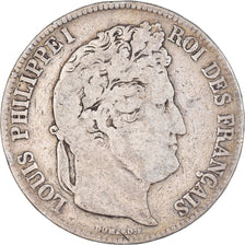 Moeda, França, Louis-Philippe, 5 Francs, 1834, Rouen, VF(20-25), Prata