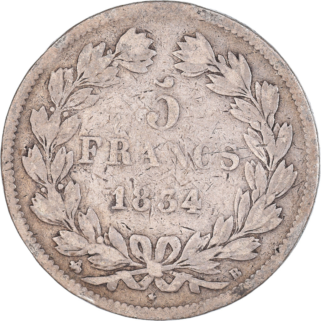 Moeda, França, Louis-Philippe, 5 Francs, 1834, Rouen, VF(20-25), Prata
