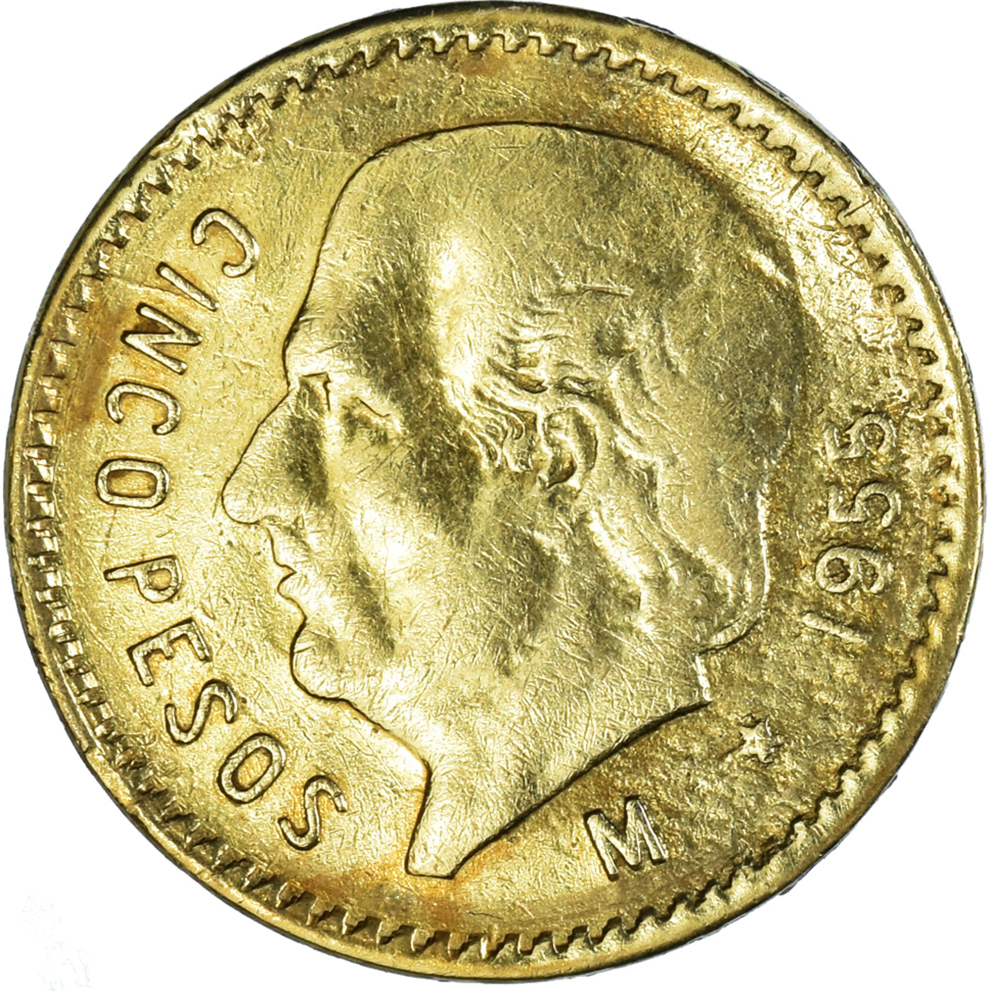 Moneda, México, 5 Pesos, 1955, Mexico City, BC+, Oro, KM:464