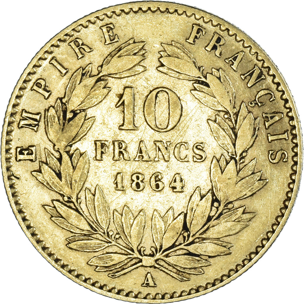 Moneda, Francia, Napoleon III, 10 Francs, 1864, Paris, BC+, Oro, KM:800.1
