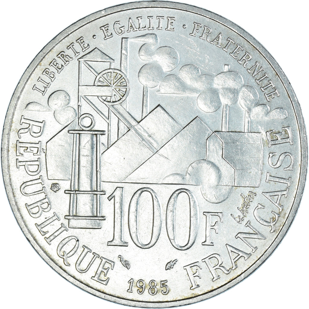 Moeda, França, Germinal, 100 Francs, 1985, Paris, AU(55-58), Prata, KM:957