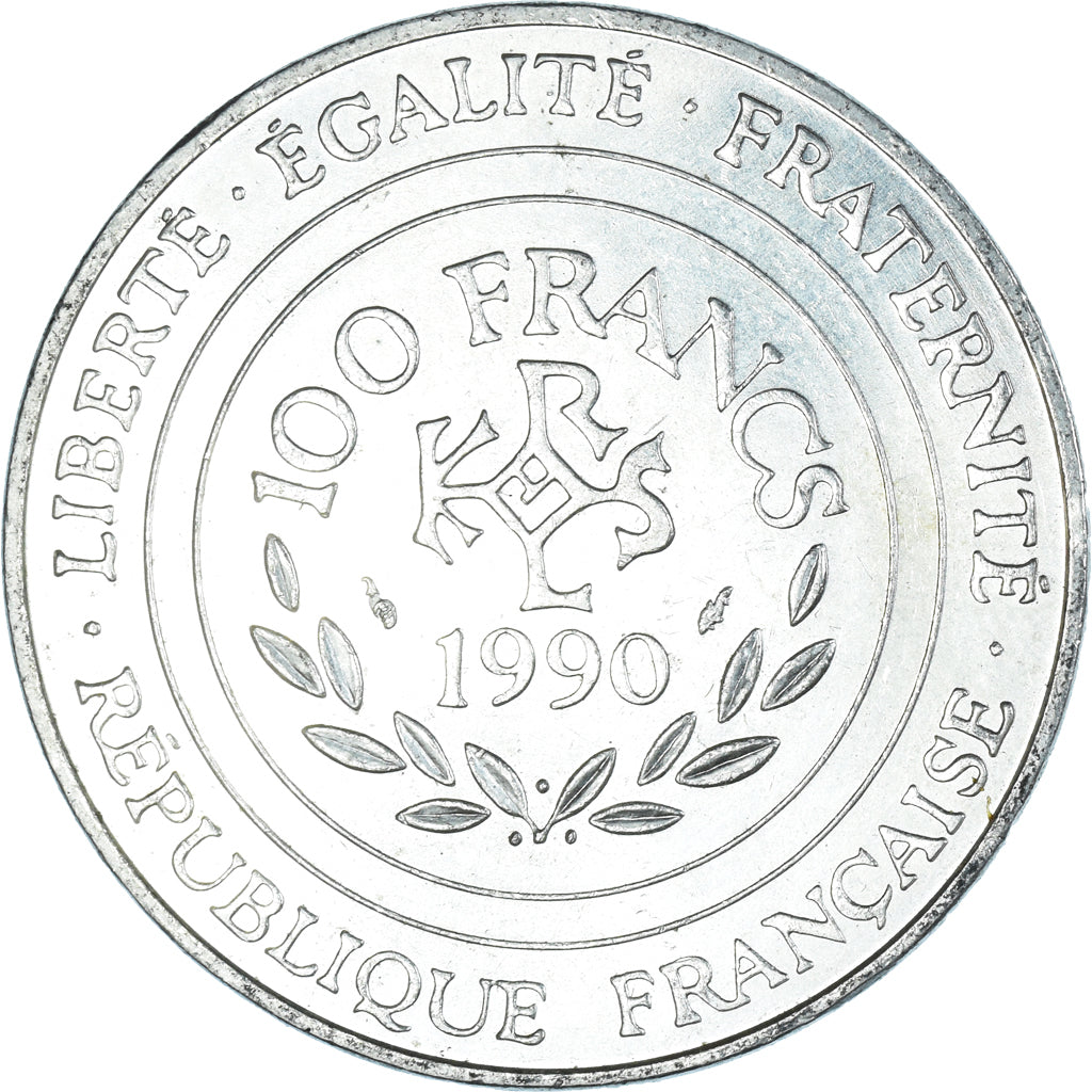 Coin, France, Charlemagne, 100 Francs, 1990, Paris, AU(55-58), Silver, KM:982