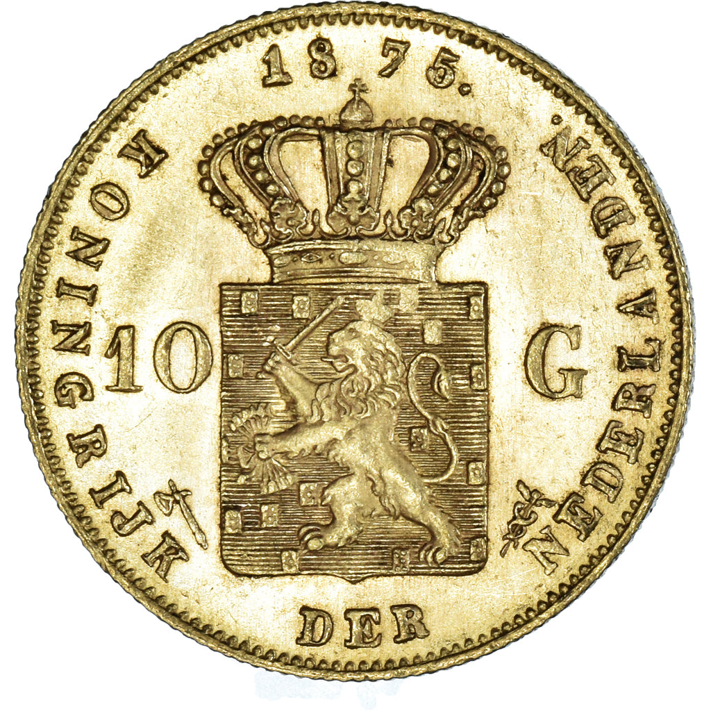 Coin, Netherlands, William III, 10 Gulden, 1875, Utrecht, MS(60-62), Gold