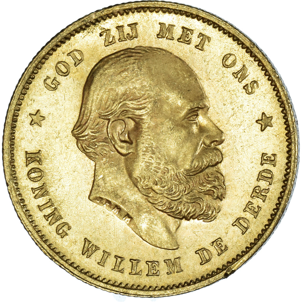 Coin, Netherlands, William III, 10 Gulden, 1877, MS(60-62), Gold, KM:106