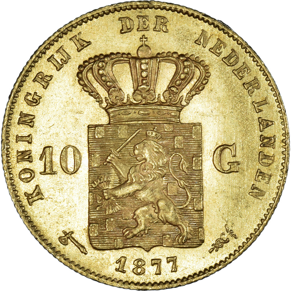 Coin, Netherlands, William III, 10 Gulden, 1877, MS(60-62), Gold, KM:106