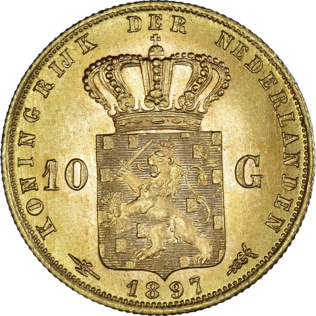 Coin, Netherlands, Wilhelmina I, 10 Gulden, 1897, MS(60-62), Gold, KM:118