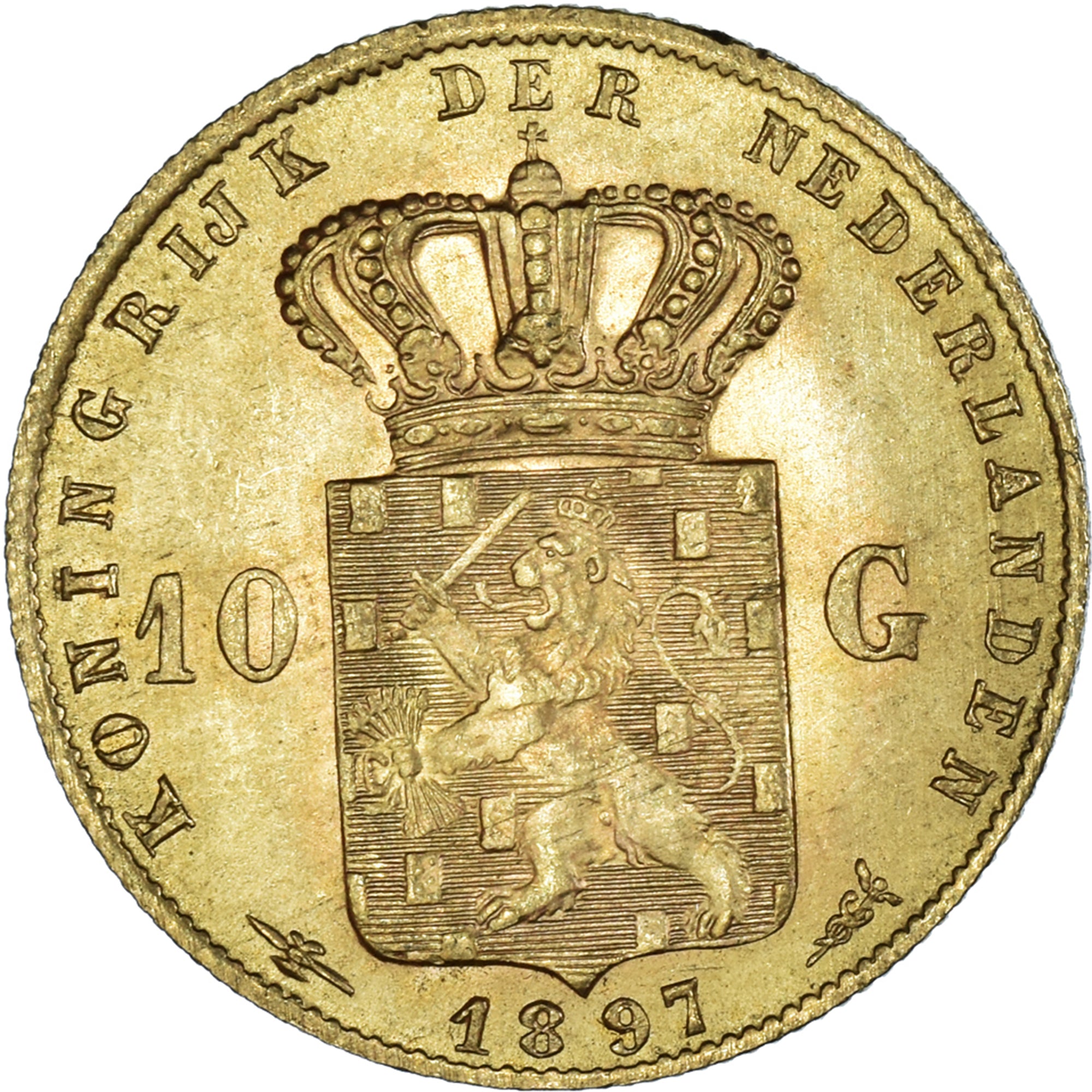Coin, Netherlands, Wilhelmina I, 10 Gulden, 1897, MS(60-62), Gold, KM:118