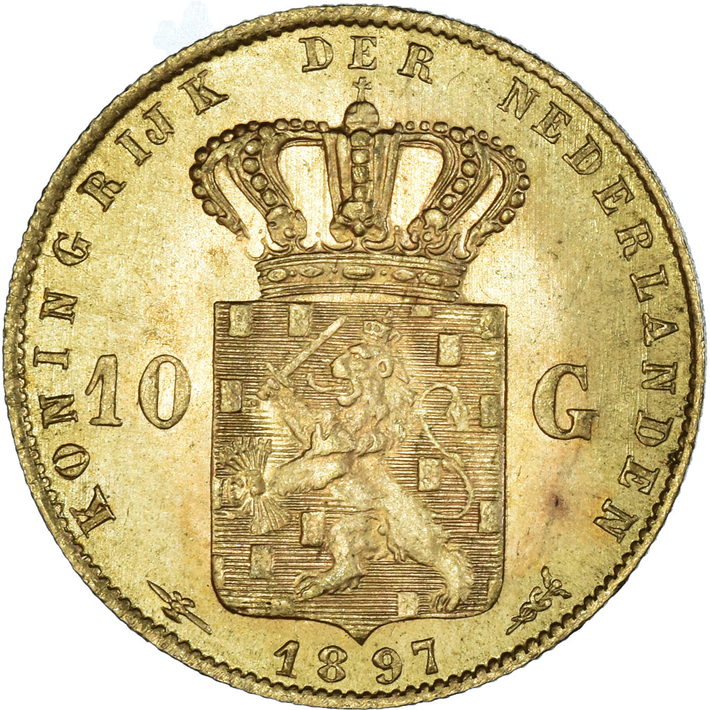 Coin, Netherlands, Wilhelmina I, 10 Gulden, 1897, MS(60-62), Gold, KM:118