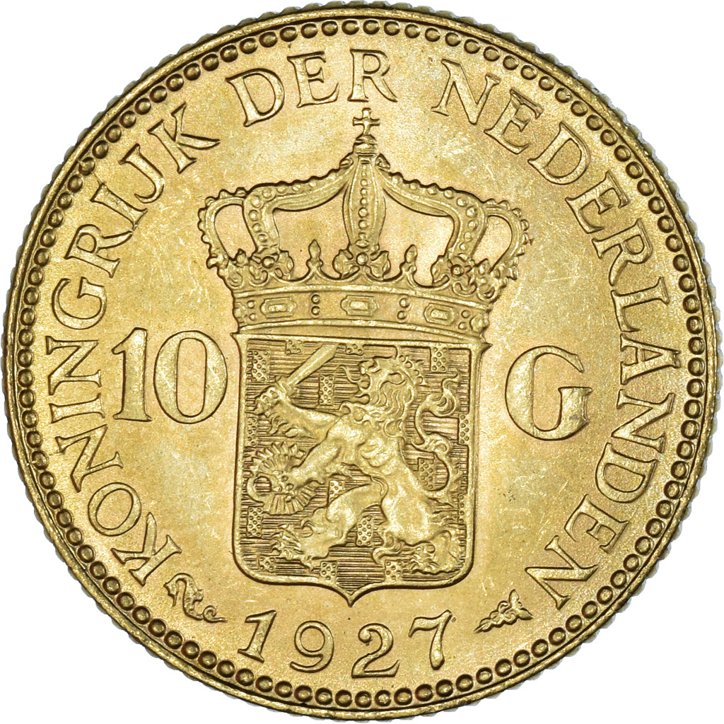 Coin, Netherlands, Wilhelmina I, 10 Gulden, 1927, MS(60-62), Gold, KM:162