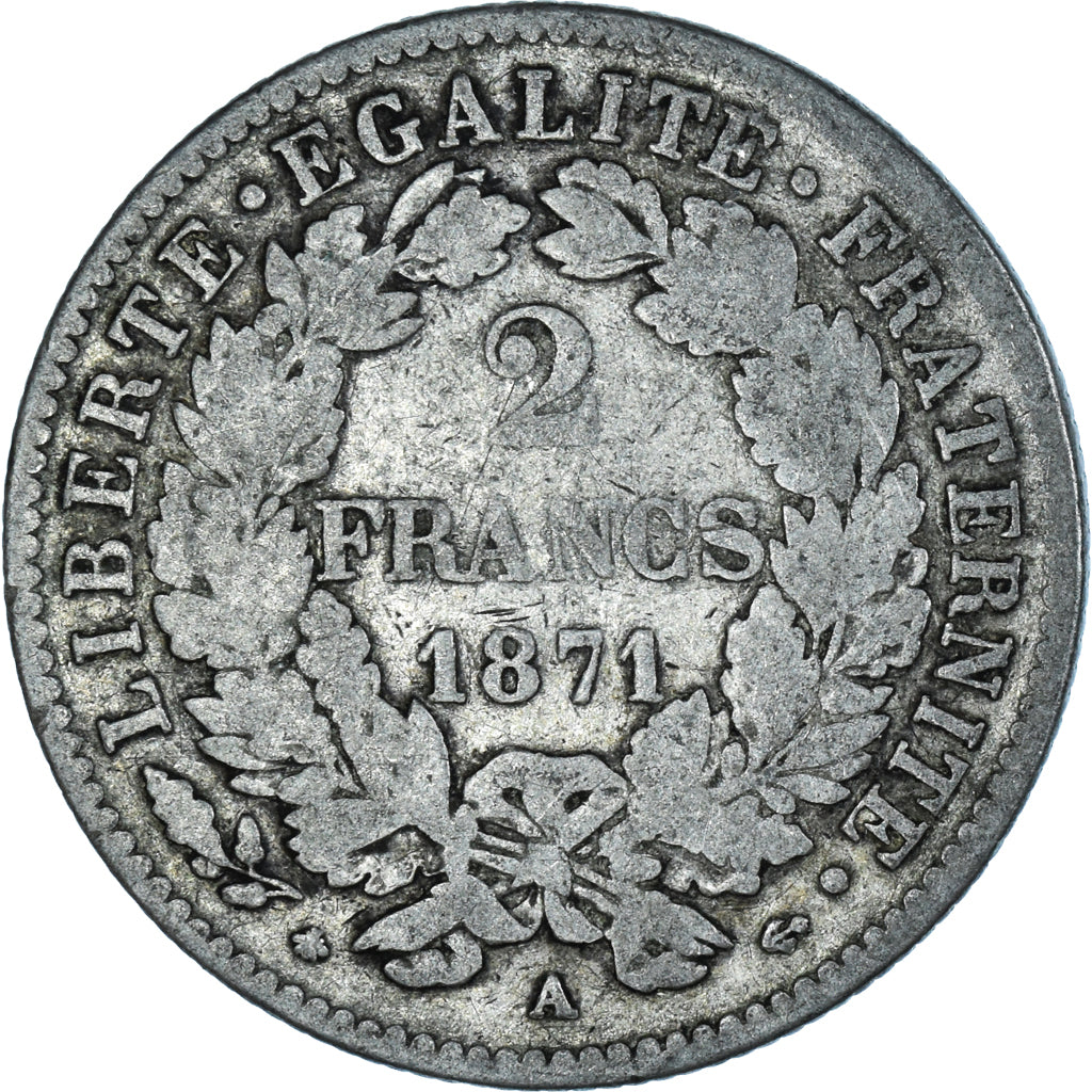 Coin, France, Cérès, 2 Francs, 1871, Paris, Petit A, VF(20-25), Silver