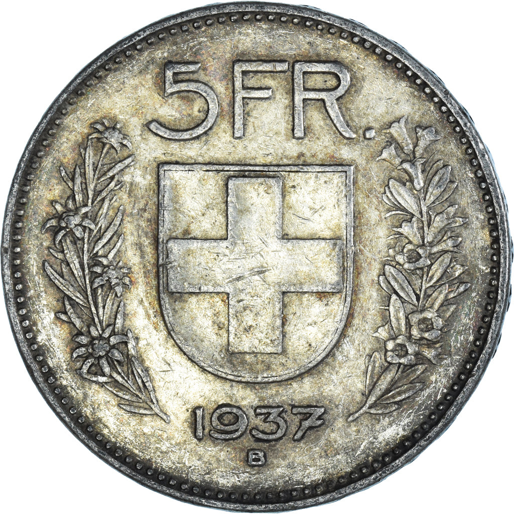Coin, Switzerland, 5 Francs, 1937, Bern, EF(40-45), Silver, KM:40