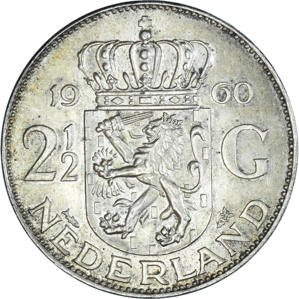 Coin, Netherlands, Juliana, 2-1/2 Gulden, 1960, AU(55-58), Silver, KM:185