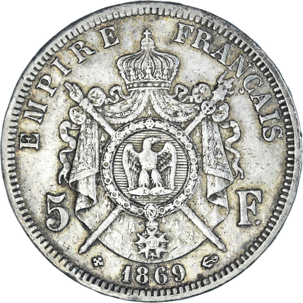 Moneta, Francia, Napoleon III, 5 Francs, 1869, Paris, MB, Argento, KM:799.1