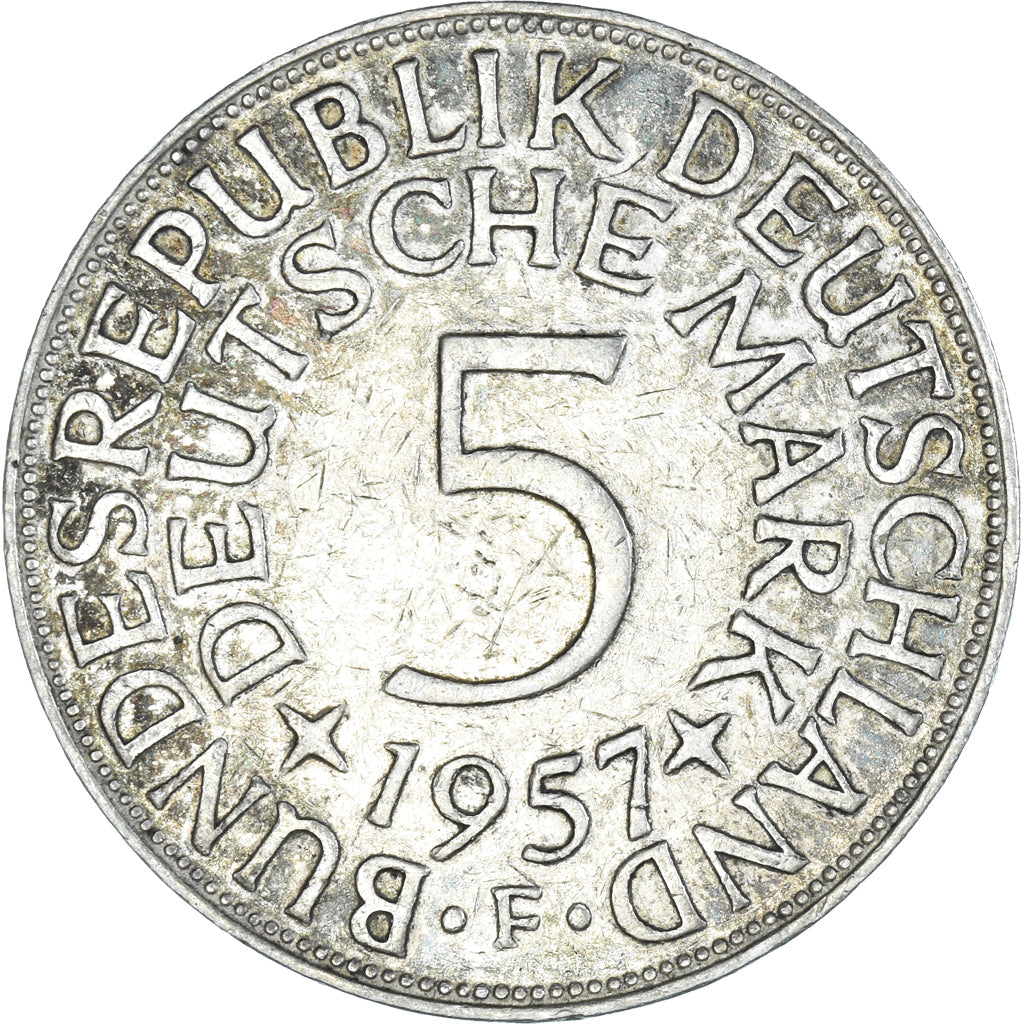 Coin, GERMANY - FEDERAL REPUBLIC, 5 Mark, 1957, Stuttgart, EF(40-45), Silver