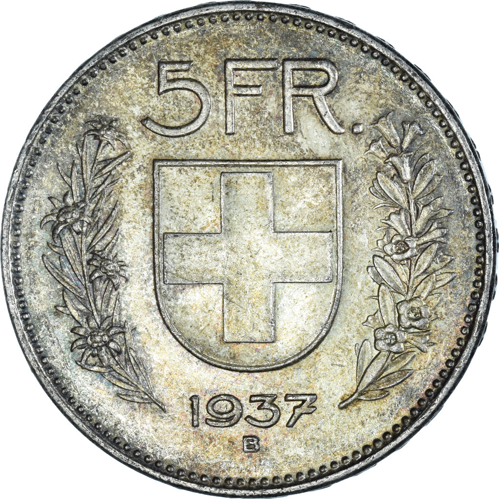 Coin, Switzerland, 5 Francs, 1937, Bern, AU(50-53), Silver, KM:40