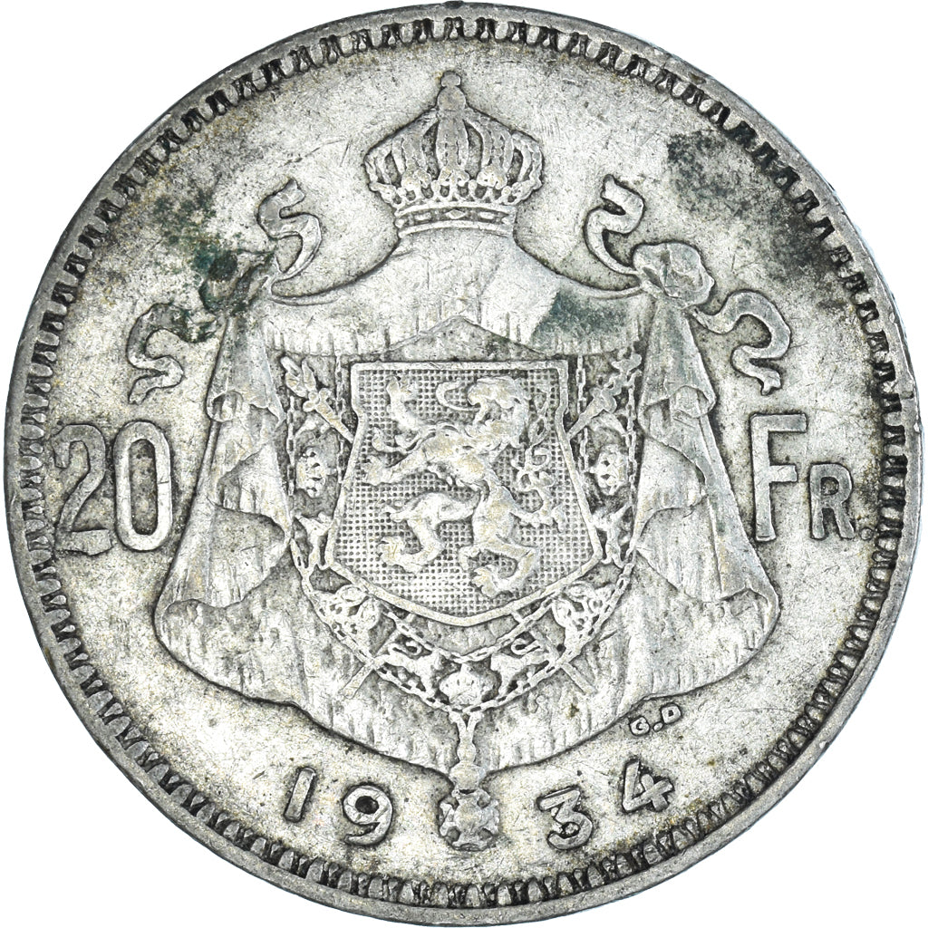 Coin, Belgium, 20 Francs, 20 Frank, 1934, Brussels, VF(30-35), Silver, KM:103.1