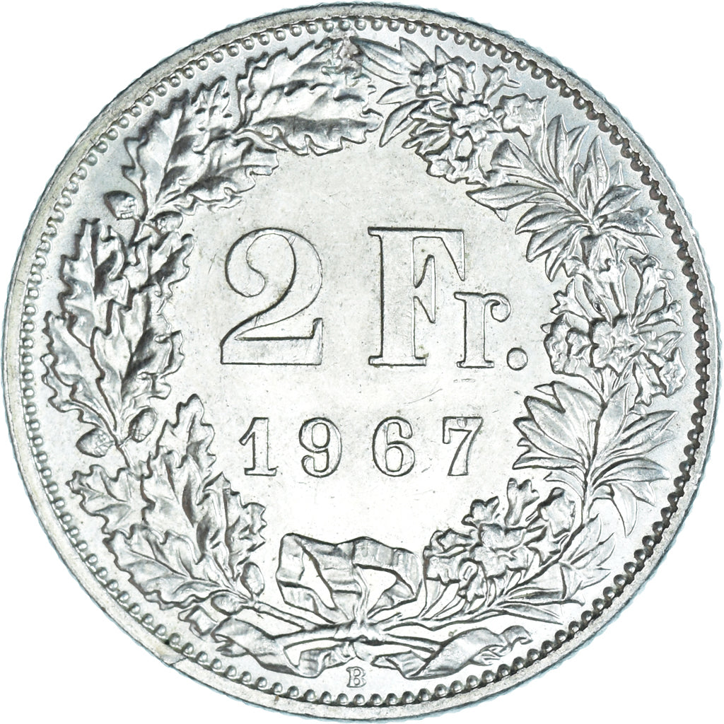 Moeda, Suíça, 2 Francs, 1967, Bern, MS(64), Prata, KM:21