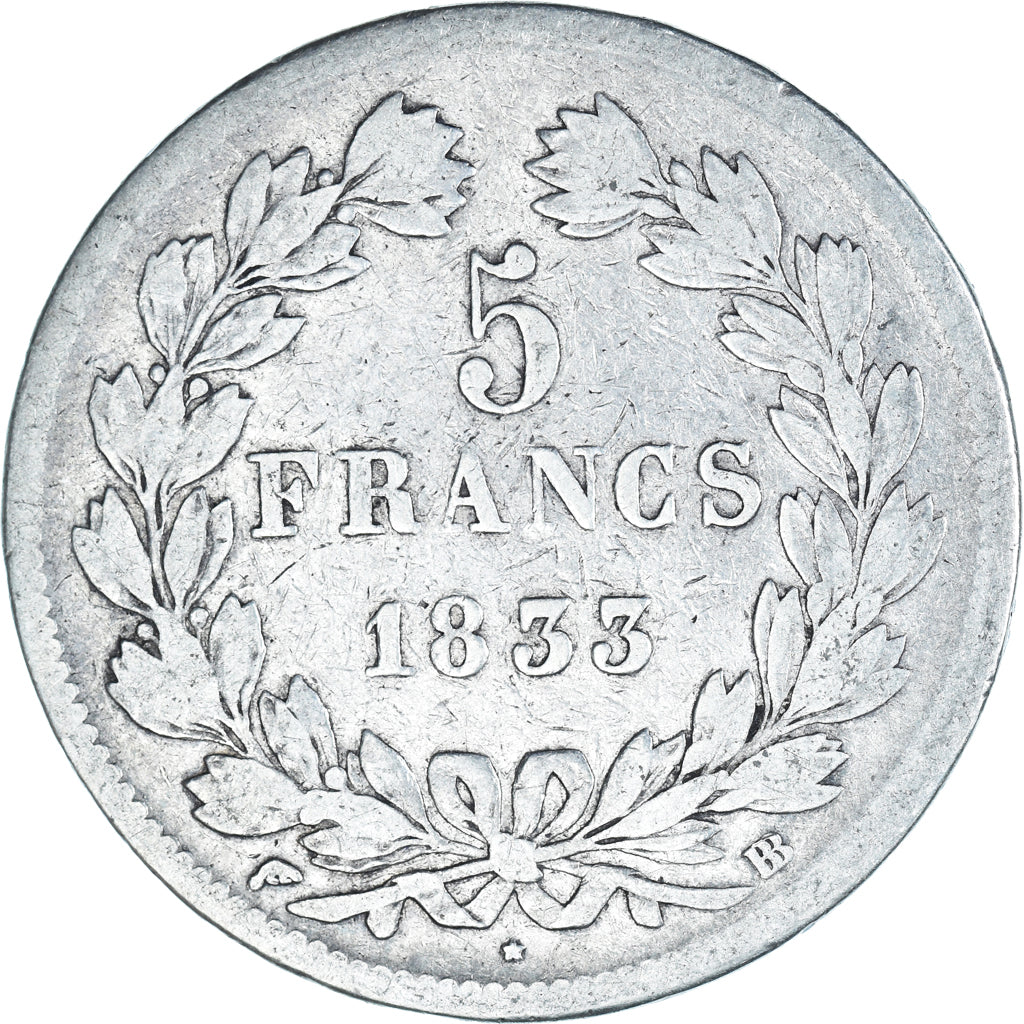 Moneta, Francia, Louis-Philippe, 5 Francs, 1833, Strasbourg, MB, Argento