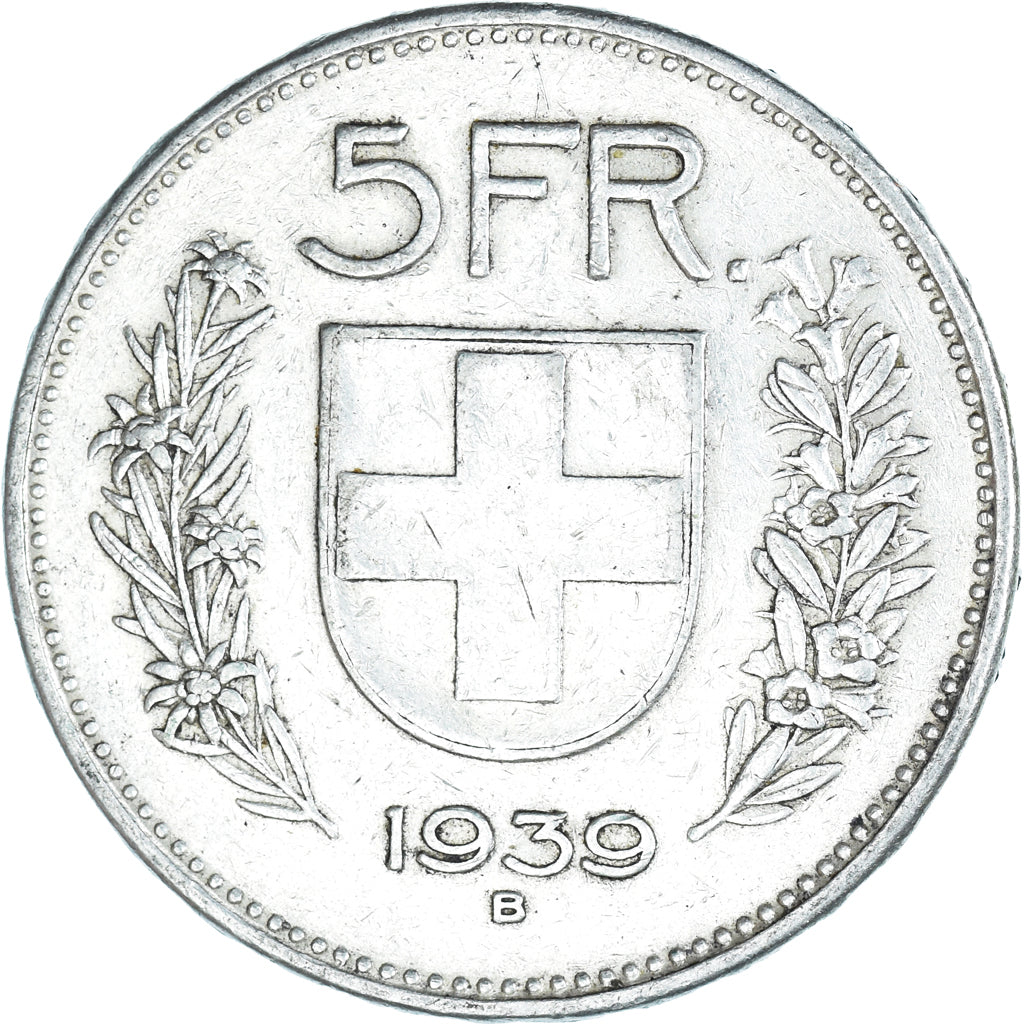 Coin, Switzerland, 5 Francs, 1939, Bern, AU(50-53), Silver, KM:40