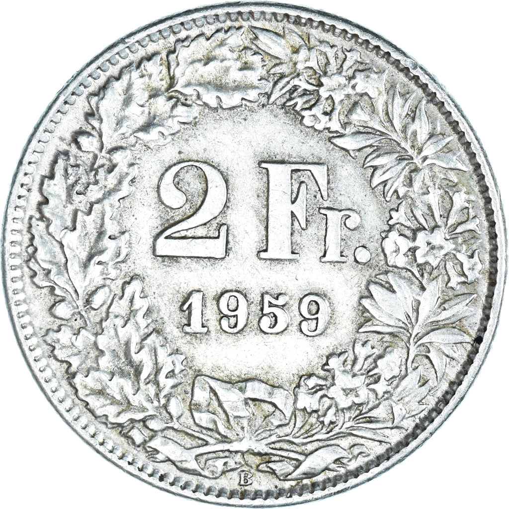 Coin, Switzerland, 2 Francs, 1959, Bern, AU(50-53), Silver, KM:21