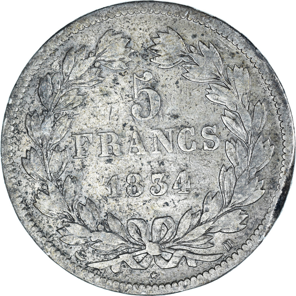 Coin, France, Louis-Philippe, 5 Francs, 1834, Lyon, VF(20-25), Silver, KM:749.4