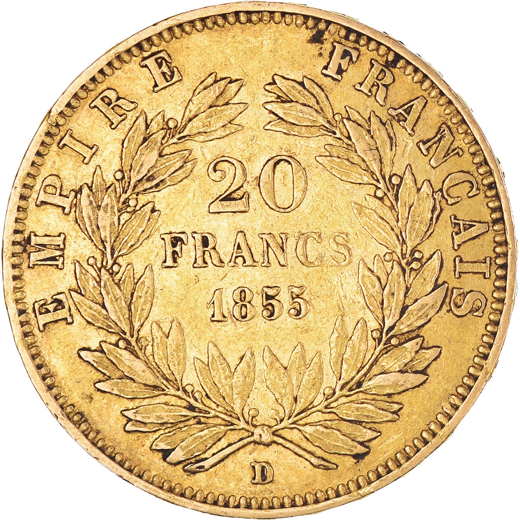 Moneta, Francia, Napoleon III, 20 Francs, 1855, Lyon, BB, Oro, KM:781.3