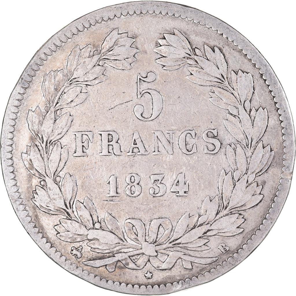 Coin, France, Louis-Philippe, 5 Francs, 1834, Rouen, VF(20-25), Silver