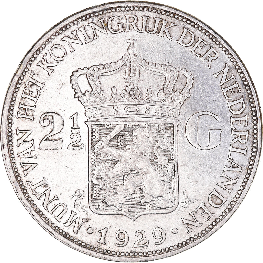 Coin, Netherlands, Wilhelmina I, 2-1/2 Gulden, 1929, AU(50-53), Silver, KM:165