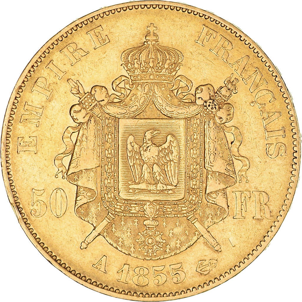 Moneta, Francia, Napoleon III, 50 Francs, 1855, Paris, BB+, Oro, KM:785.1