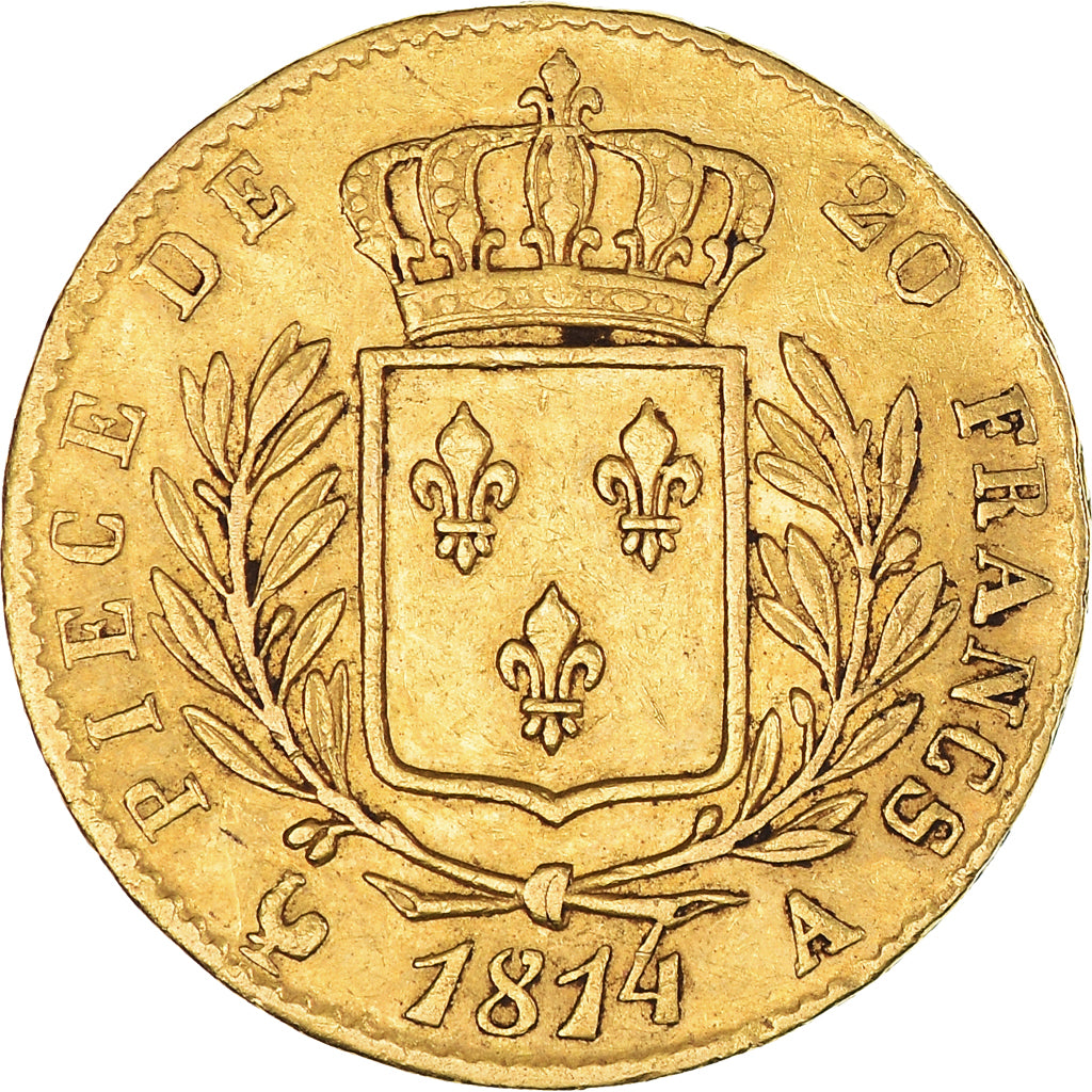 Moneda, Francia, Louis XVIII, 20 Francs, 1814, Paris, MBC, Oro, KM:706.1