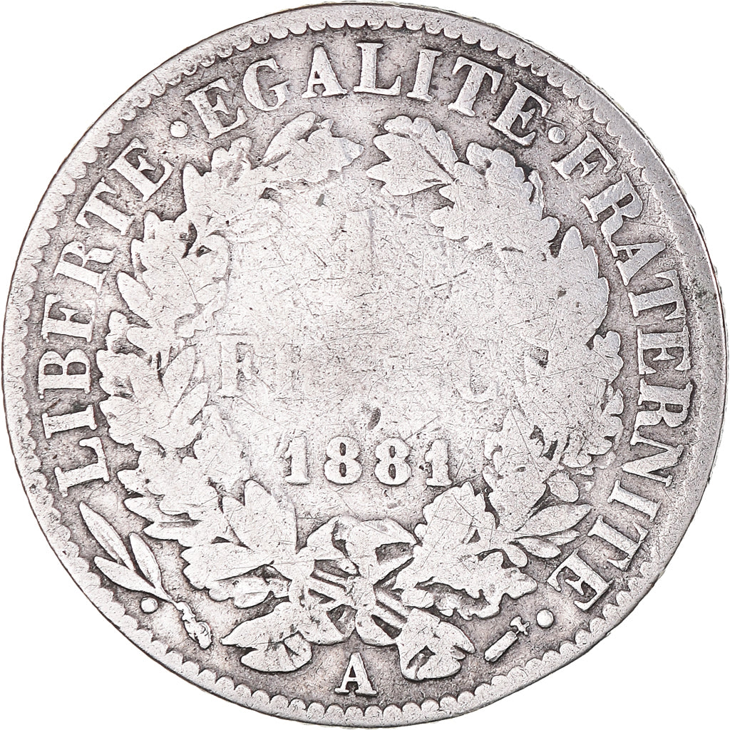 Moeda, França, Cérès, Franc, 1881, Paris, 1 Franc, VF(20-25), Prata