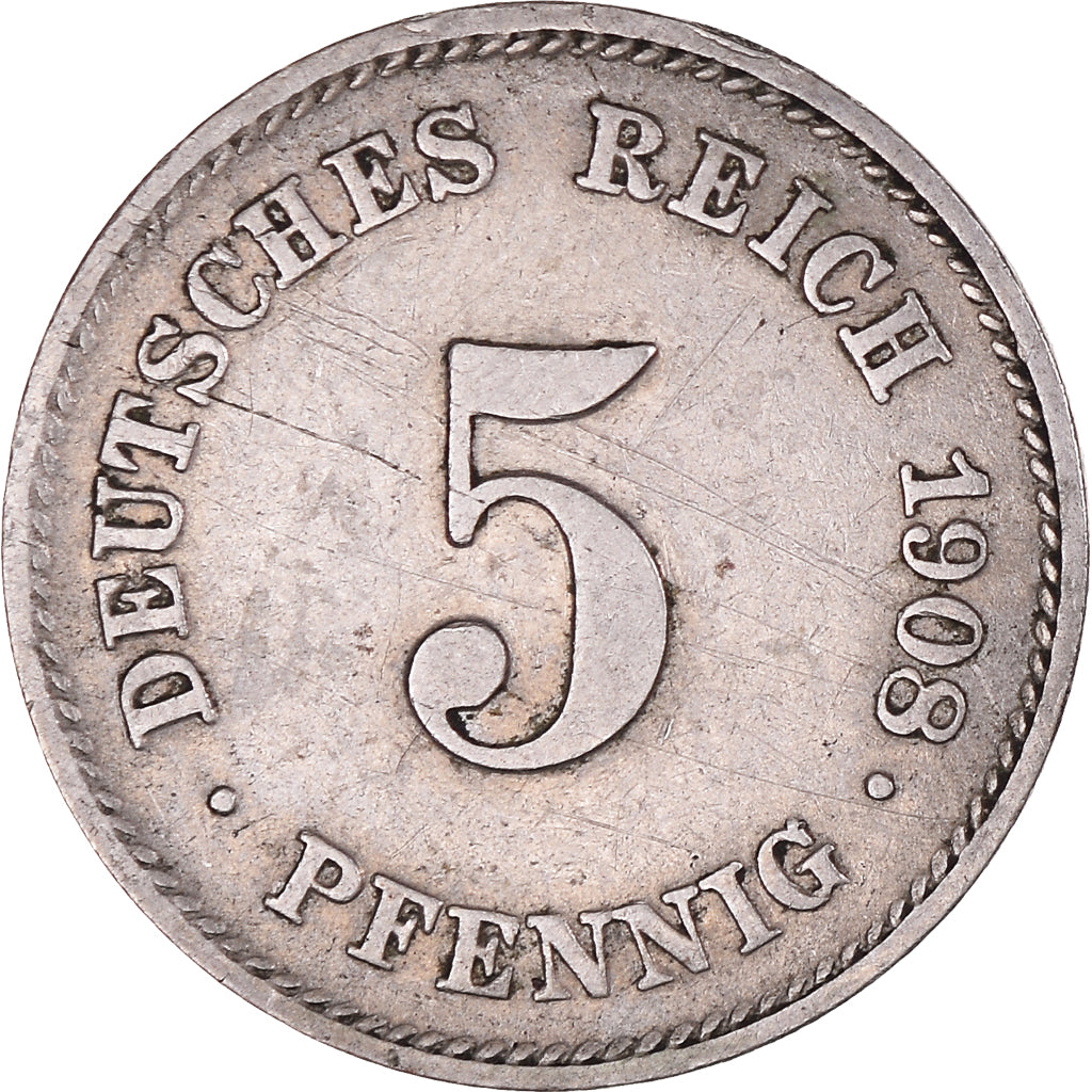 Coin, GERMANY - EMPIRE, Wilhelm II, 5 Pfennig, 1908, Muldenhütten, EF(40-45)