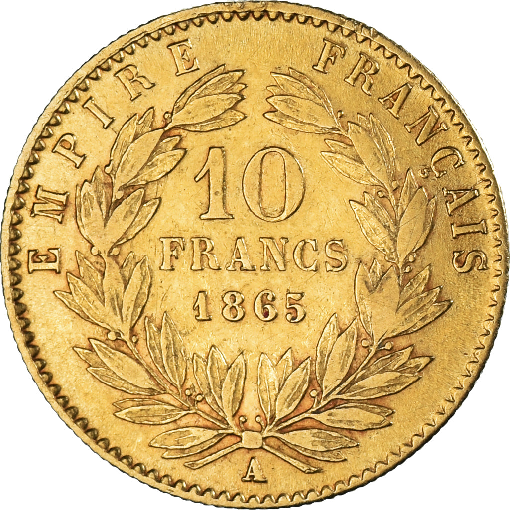 Moneda, Francia, Napoleon III, 10 Francs, 1865, Paris, MBC+, Oro, KM:800.1